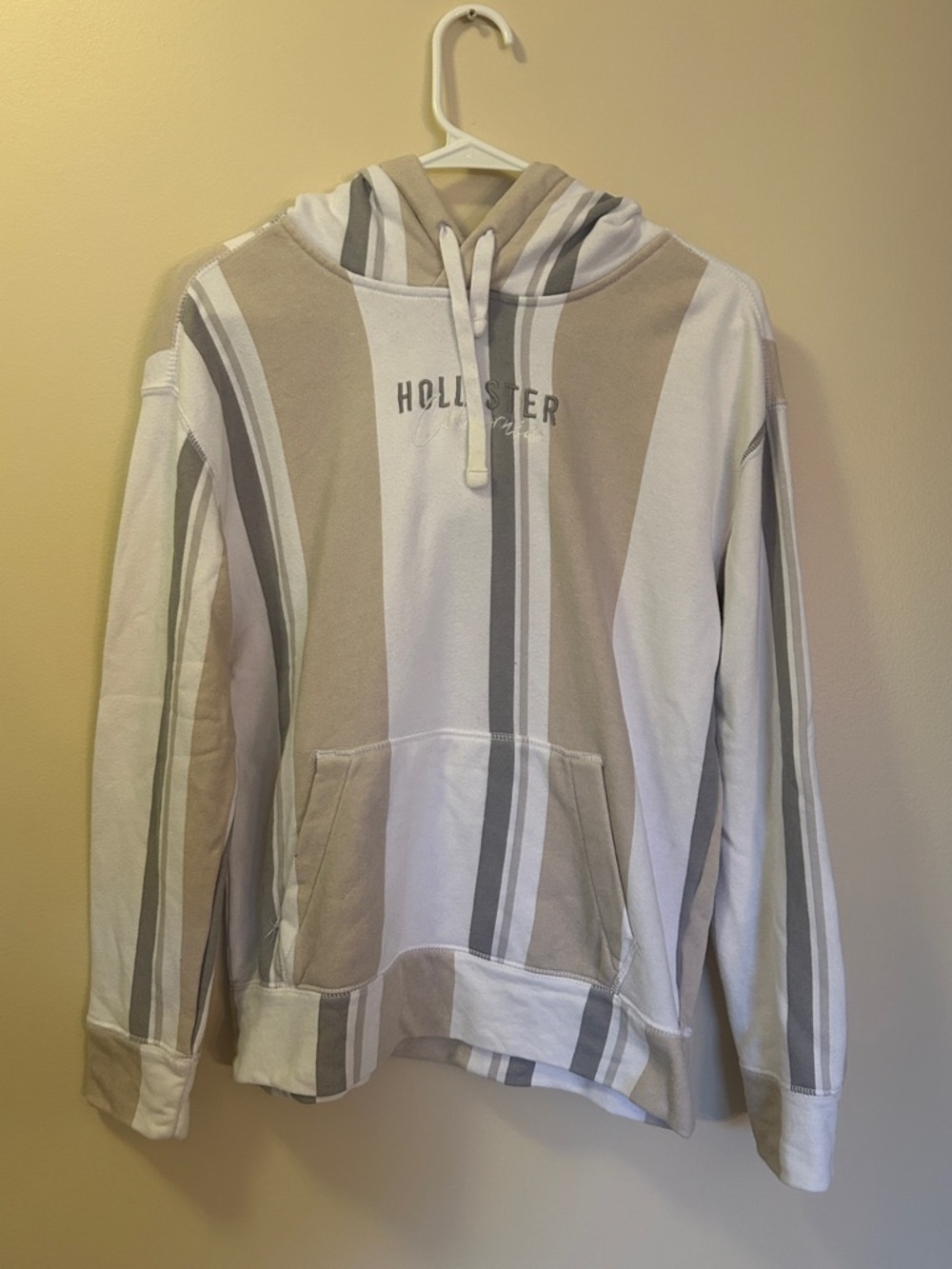 Hollister Gray Cream Striped Hoodie Men’s Pullover Sweatshirt Casual Size XS